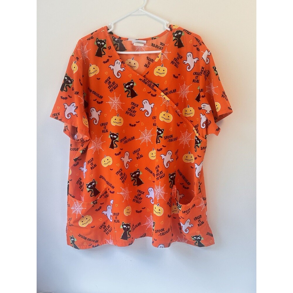ScrubStar Womens 3XL Halloween Scrub Top Orange Black Cat Ghost Pumpkin Cotton